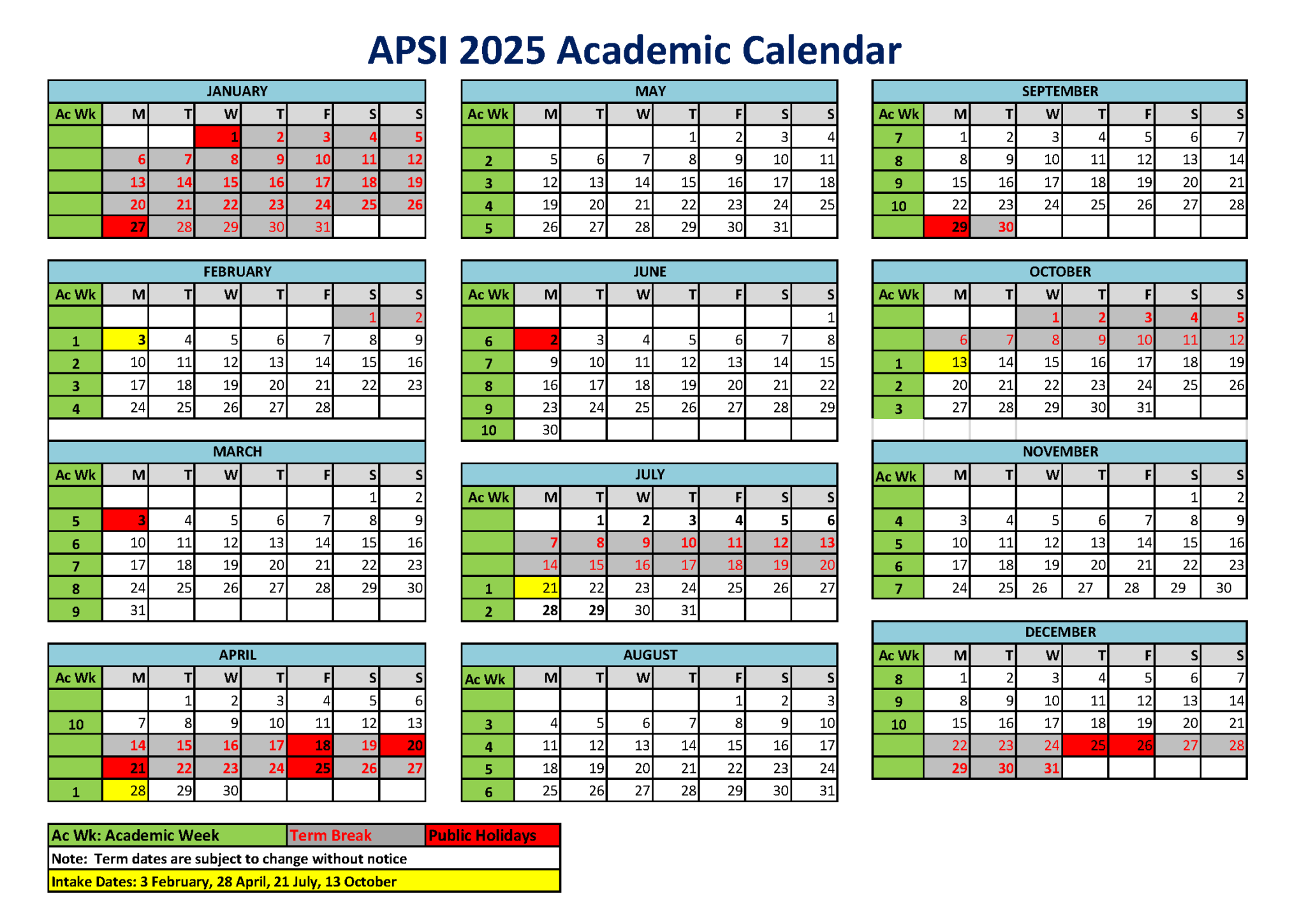 Academic Calendar APSI